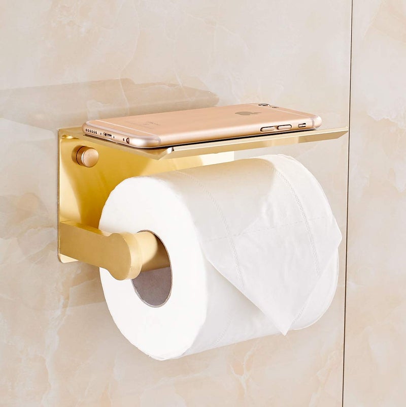 Youda Gold Toilet Paper Holder Wall Mount with Shelf - Self-Adhesive & Screw Mounted, Rust-Resistant Aluminum Bathroom Tissue Dispenser - Image 4